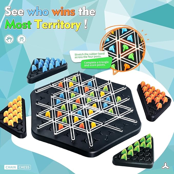 Chain Triangle Chess Game, Triggle Rubber Band Game, Triangle Chain Chess Game Set, Strategy Board Games, Famliy Night Games for Kids and Adults, 2 to 4 Players
