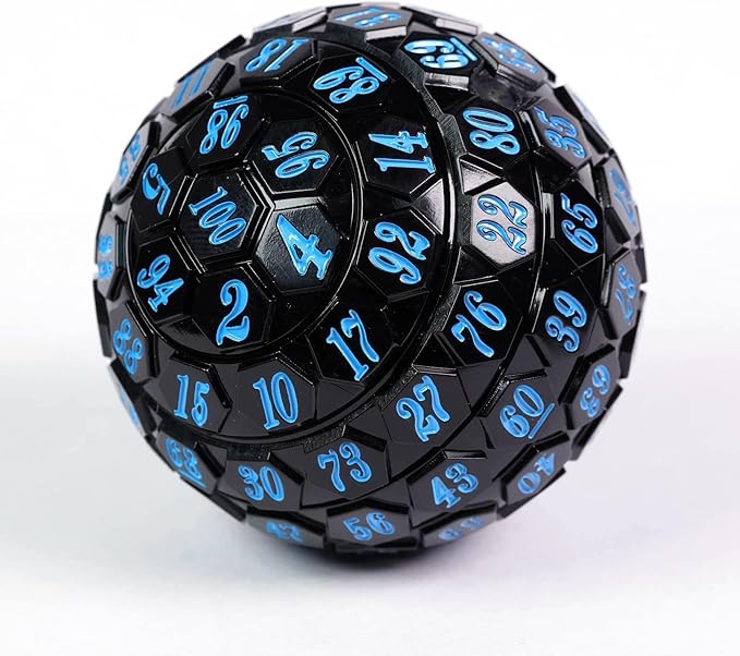 100 Sided Polyhedral Dice, Single D100 Game Dice, 100 Sided Cube with Black Pouch, D100 die 48 mm (Black with Blue Number)