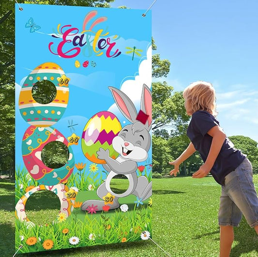 Easter Games, Funny Bunny & Egg Toss Game, with 4 Bean Bags, Premium Banner and Accessories, Easter Party Games for Kids Adults Family Outdoor, Party Activities Supplies