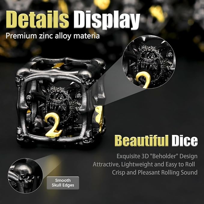 Beholder Dice Set DND, Dragon Eye Dice, ZHOORQI 7PC/Set Polyhedral Dices for Dungeons and Dragons, RPG, Eye Monster D&D Gifts（Eye-Black Gold）