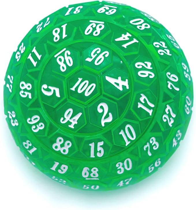 100 Sided Polyhedral Dice, Single D100 Game Dice, 100 Sided Cube with Black Pouch, D100 die 48 mm (Green with White Number)
