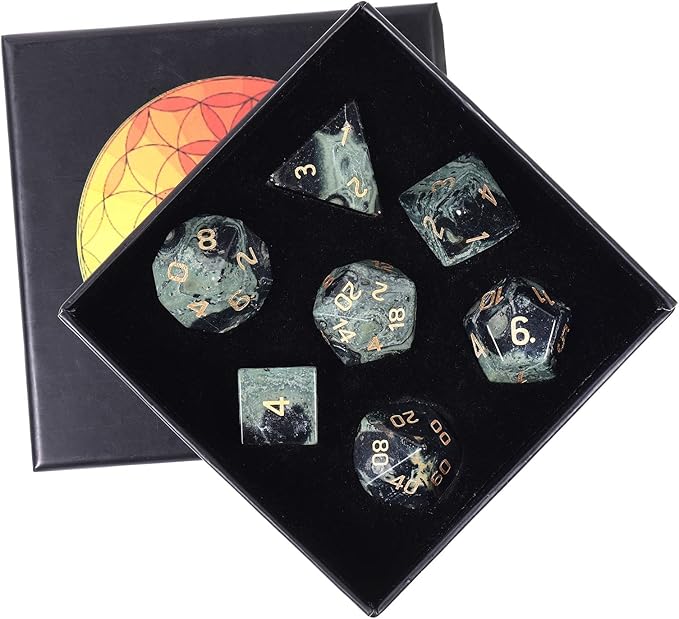 TUMBEELLUWA Engraved Crystal Stone Polyhedral Dice Set for RPG MTG Dungeons and Dragons Table Game 7 Pieces DND Board Game Dices with Pouch, Kambaba Jasper