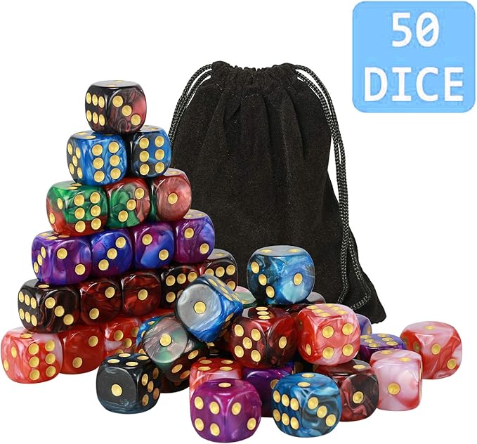 YOUSHARES 50 Pack D6 Game Dice Set with Pouch - 16mm Two Color 6 Sided Dice, Perfect Table Games Dice for Tenzi, Yahtzee, DND MTG RPG War Games