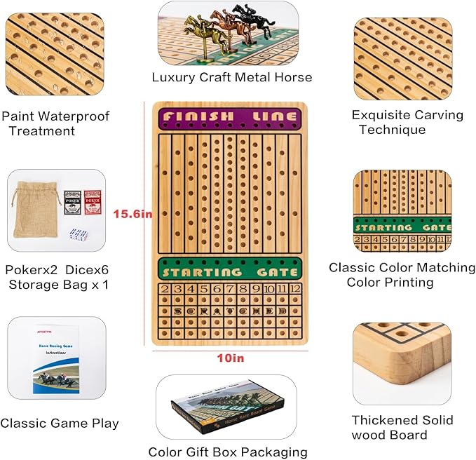 Horse Race Board Game, Horse Racing Board Game with 11 Luxury Metal Horses, 4 Dice, 2 Boxes of Cards, and Thickened Wood Horse Race Game Board