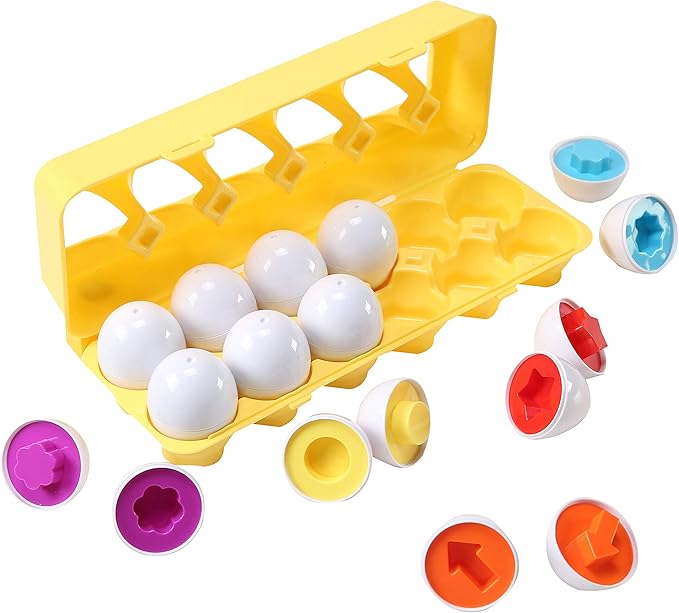Dimple Fun Easter Egg Matching Toy Set (12 Eggs) - Toddler STEM Easter Basket Stuffers, Shape Recognition & Color Sorting Toys, Educational Easter Eggs for Kids, Play Egg Puzzle Set