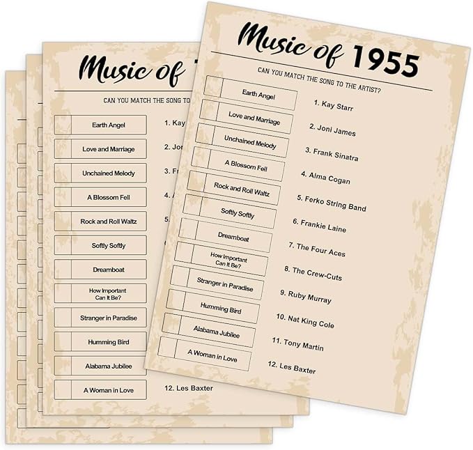 QUPT 70th Birthday Party Games, Music of 1955 Trivia, Pack of 30 Cards for Adults, Ages 216+