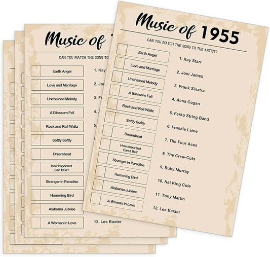 QUPT 70th Birthday Party Games, Music of 1955 Trivia, Pack of 30 Cards for Adults, Ages 216+