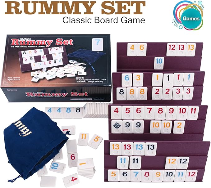 Rummy Cube Game Set with 4 Plastic Racks and 106 Melamine Tiles, Color Case with 4 Tiles Holders