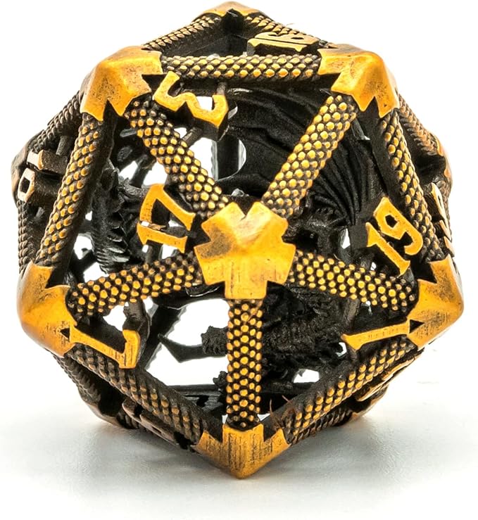 UDIXI 22mm D20 Metal Dice, Single D20 DND Dice, Hollow Dragon Design Polyhedral Dice D&D for Dungeons and Dragons, Role Playing Game (Ancient Golden)