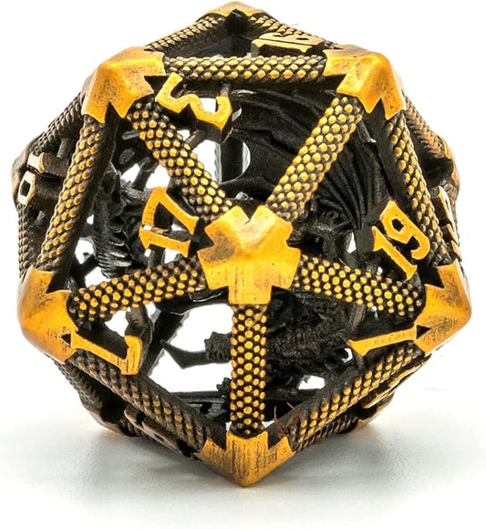 UDIXI 22mm D20 Metal Dice, Single D20 DND Dice, Hollow Dragon Design Polyhedral Dice D&D for Dungeons and Dragons, Role Playing Game (Ancient Golden)