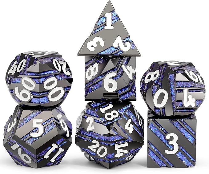 Dice Set D&D,DNDND Metallic Stripes Dice with Gift Case for Dungeons and Dragons DND (Nickel-Plated with Blue Stripes)