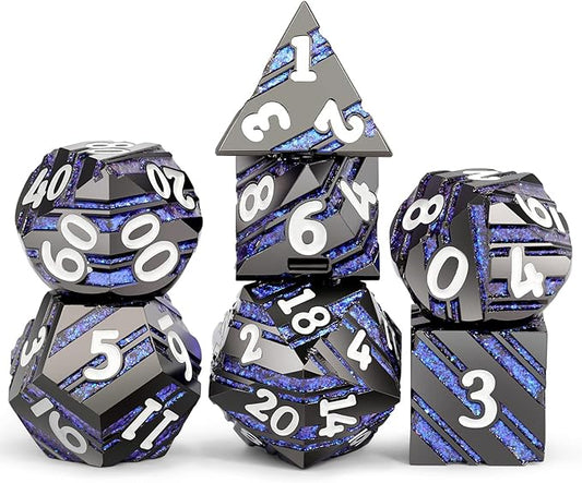 Dice Set D&D,DNDND Metallic Stripes Dice with Gift Case for Dungeons and Dragons DND (Nickel-Plated with Blue Stripes)
