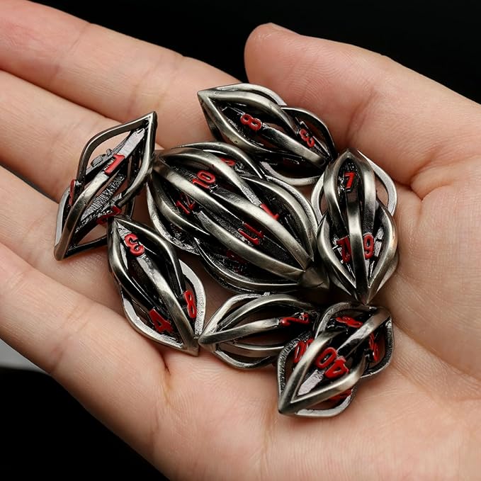 DND Dice Set Arcanum for Dungeons and Dragons, Hollow Metal D&D Dice Role Playing Polyhedral Dice for Tabletop Game (Arcanum Red Number)