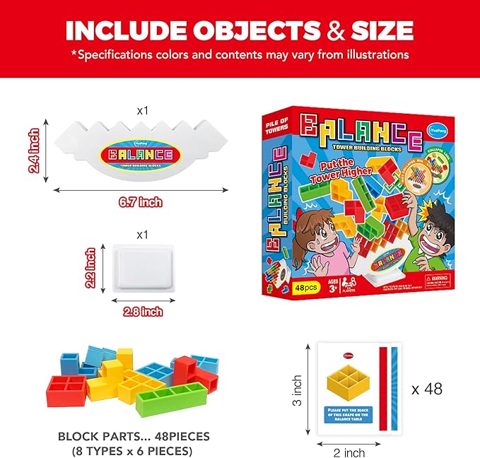 iYuePeng 48Pcs Drop Tetra Balance Tower Game - Fun Stacking Building Blocks for Kids Age 3+ - Develops Dexterity, Patience, and Fine Motor Skills