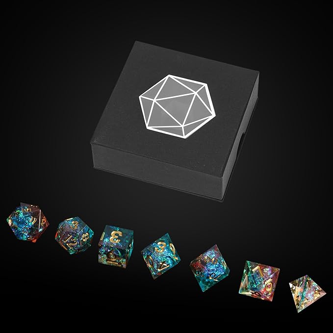 7PCS DND Dice Set,Handmade Sharp Edge Dice Set D&D RPG Polyhedral Die,for Dungeons and Dragons TTRPG Games Roleplaying Games Pathfinder,with Gift Box(Blue with Brown)