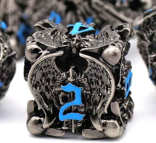 DND Dice, Dungeons and Dragons Dice Metal Dice Set D&D with Box HNCCESG Unique Role Playing Dice Hollow Polyhedral Starter Dice Gaming D and D Dice for Board Game RPG Warhammer (Angel Blue Number)