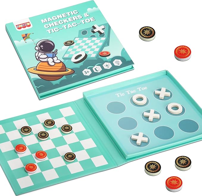 Checkers Board Game for Kids 4-12, 2 in 1 Magnetic Checkers and Tic-Tac-Toe Sets Travel Toys Travel Games, Ideal Gifts for Young Kids 4 5 6 7 8 9