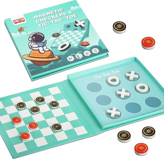 Checkers Board Game for Kids 4-12, 2 in 1 Magnetic Checkers and Tic-Tac-Toe Sets Travel Toys Travel Games, Ideal Gifts for Young Kids 4 5 6 7 8 9