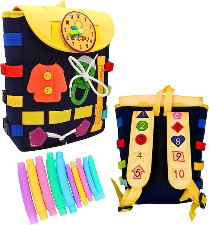Busy Board Toddlers Travel Backpack - Learning Activities for Kids to Develop Fine Motor Skills and Basic Life Skills - Montessori Sensory Toys (Blue)