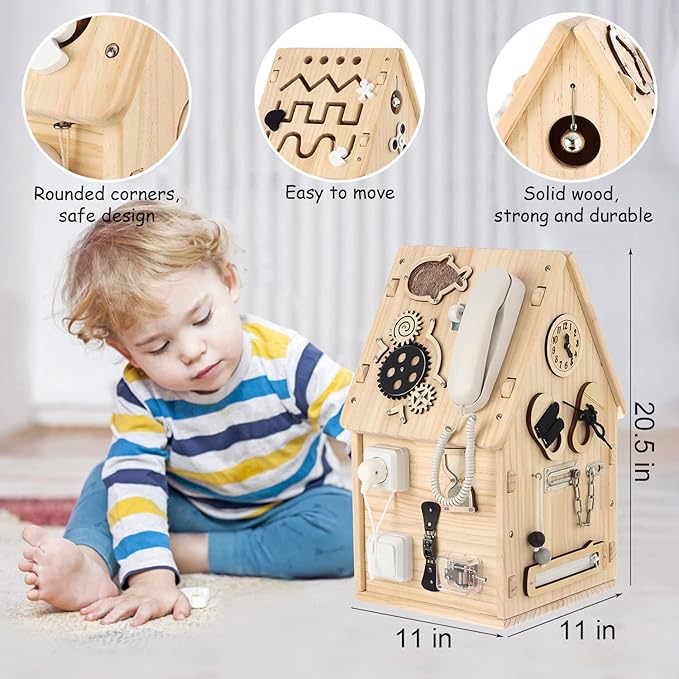 Montessori Busy House, Wooden Busy Board Toy for Toddlers, Preschool Learning Educational Toys, Sensory Board for Life Skills and Fine Motor Skill Learning, Best Gifts for 3+ Year Old Boys & Girls