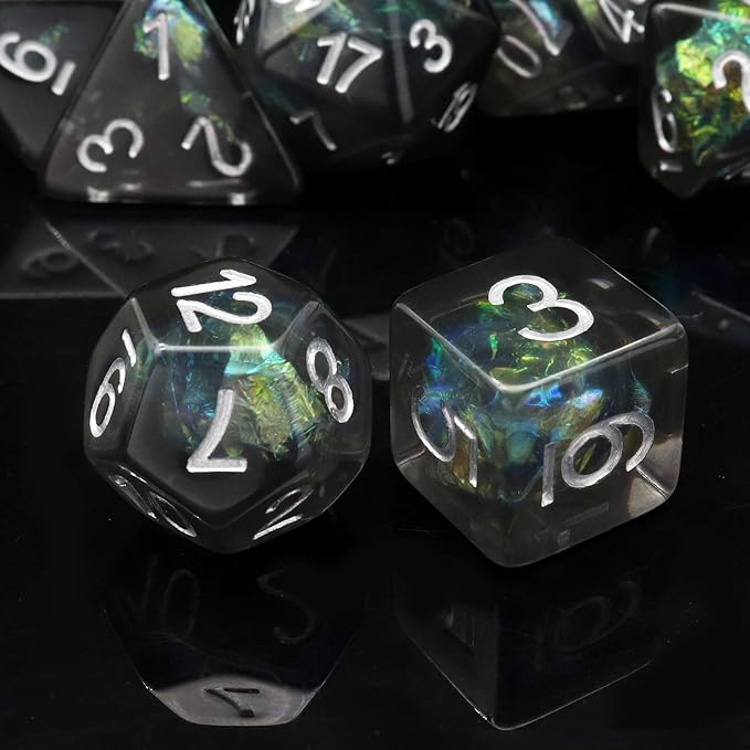 Haxtec DND Dice Set 7PCS Resin Dice Set Black with Iridescent Mylar Inclusion Polyhedral D&D Dice for Roleplaying Dice Games as Dungeons and Dragons