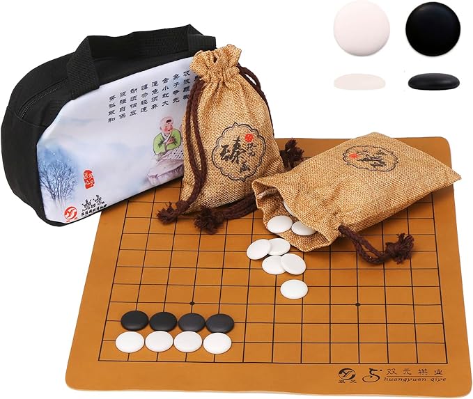Portable Go Game Set 169 Pieces Single Convex Fine Ceramic Stones 169 with Foldable Reversible 9x9 / 13x13 Board and Carrying Storage Bag,2 Players Board Game
