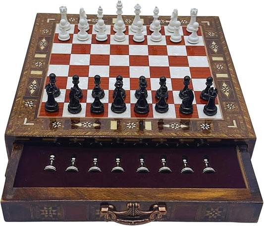 12.6’’ Handmade Walnut Chess Set with Zamak Metal Pieces, Wooden Chess Set with Storage, Birthday Gift for Him, Handmade Chess Gift, for Him (Black-White Pieces)