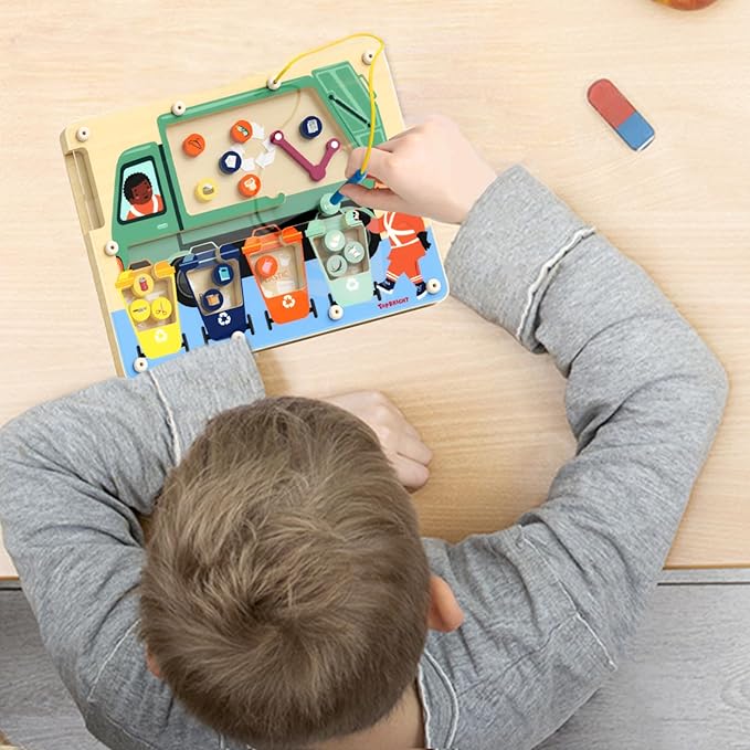 TOP BRIGHT Magnetic Color Maze Sorting Game Montessori Toys for 3+ Year Old, Wooden Garbage Magnet Educational Learning Toys, Toddler Travel Toys Fine Motor Skills for Boys Girls