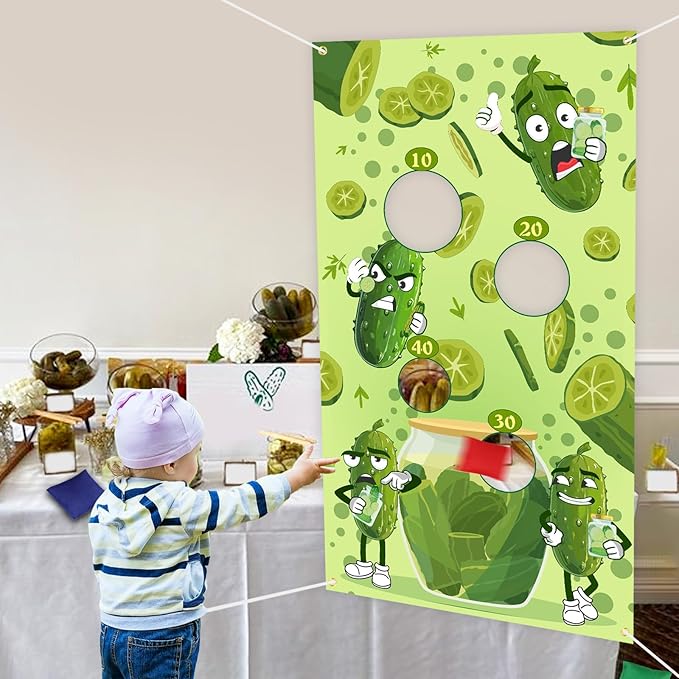 Serencatcher Pickle Toss Game Banner with 3 Bean Bags Funny Pickle Bean Bag Toss Games Backdrop for Pickle Party Games Pickle Themed Birthday Baby Shower Party Decorations Supplies