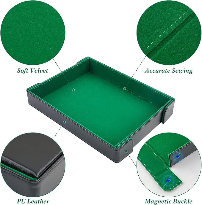 PU Leather Dice Tray Magnetic Folding Dice Rolling Mat with Green Felt Lining for Dice Games Portable Tabletop Board Games Tray