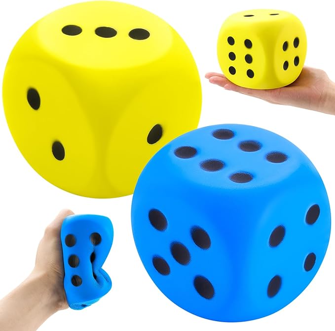 Zomiboo 2 Pcs Large Foam Dice Stress Balls Soft Jumbo 6 Sided Giant Dice Educational Learning Squeeze Anxiety Relieve Toy Gifts for Adults Kids Board Game Classroom(Blue, Yellow,3.93 Inch)