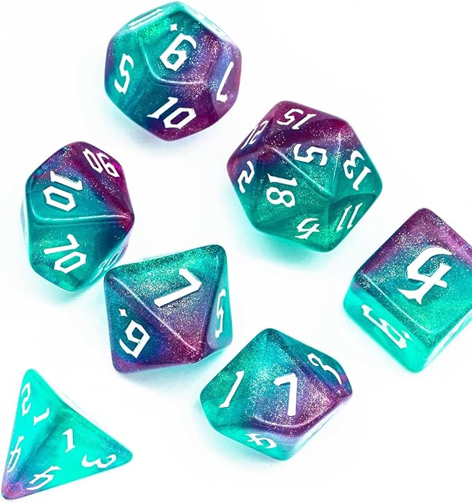 7-Die DND Dice Set Polyhedral Dice Set with a Leather Bag, D&D Dice Set for Dungeons and Dragons, RPG, MTG Table Games (Rose Blue w/Glitter)
