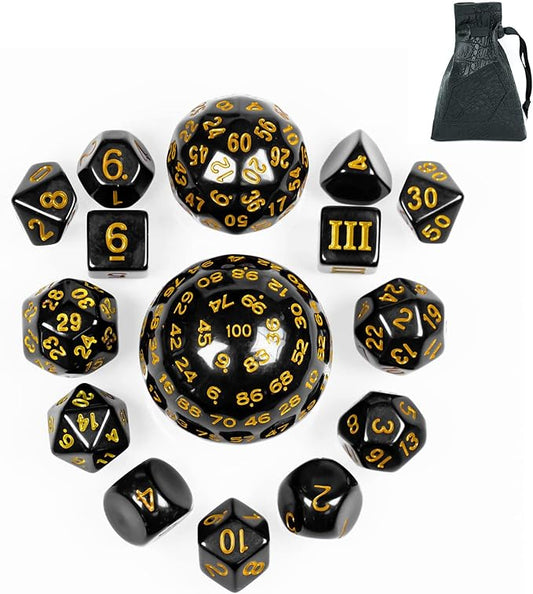 15 Pieces Complete Polyhedral DND Dice Set D3-D100 Spherical D&D Dice Set with Dragon Eye Dice Bag, D100 Dice for Dungeons and Dragons, RPG, MTG Table Games(Black w/Yellow Numbers)