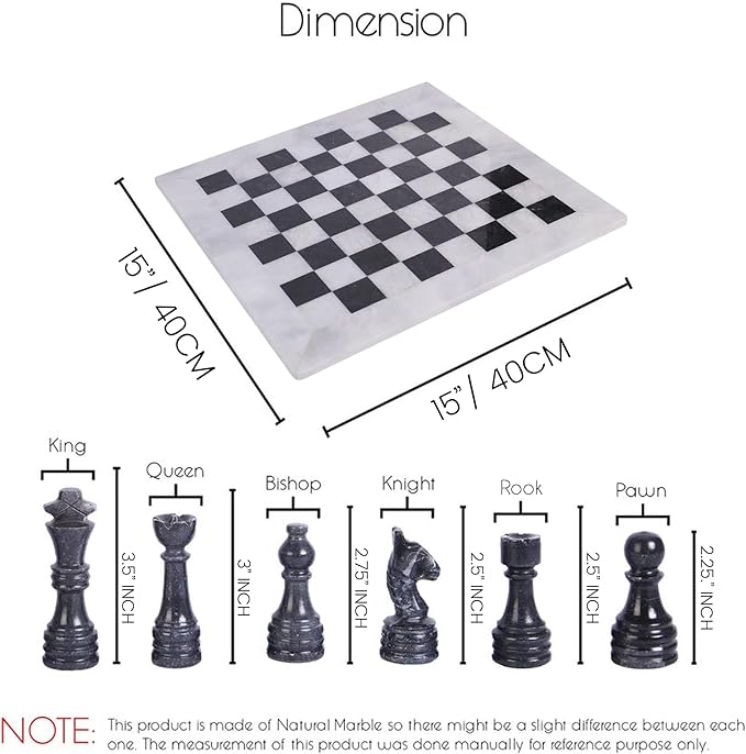 15 Inch Luxury Chess Set Classic Chess Boards for Adults with Handcrafted Stone Board & Marble Chess Pieces Ideal for Home Decor (White & Black)