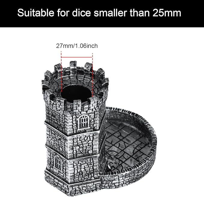 Castle Dice Tower with Tray, Wall Carving Dice Rolling Tray for Dungeons and Dragons | Easy Roller Perfect for Board Game, D&D and RPG, (Ancient Silver)