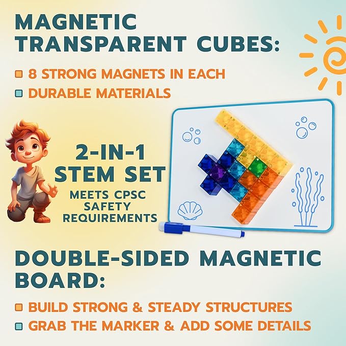 48pcs Magnetic Transparent Blocks, 1inch, 2-in-1 STEM Set with Board, Marker & Book, Educational Building Toy for Kids 3-5, Learning Building Magnet Toys, Magnetic Cubes for Kids Ages 4-8