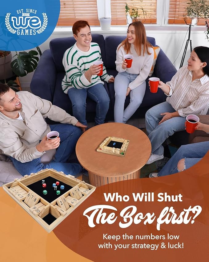 WE Games Shut The Box Wooden Board Game - Classic 4 Player Table Top Math Dice Game, Natural Wood, 8.5 in. Travel Size, 10 Numbers, for Families and Adults