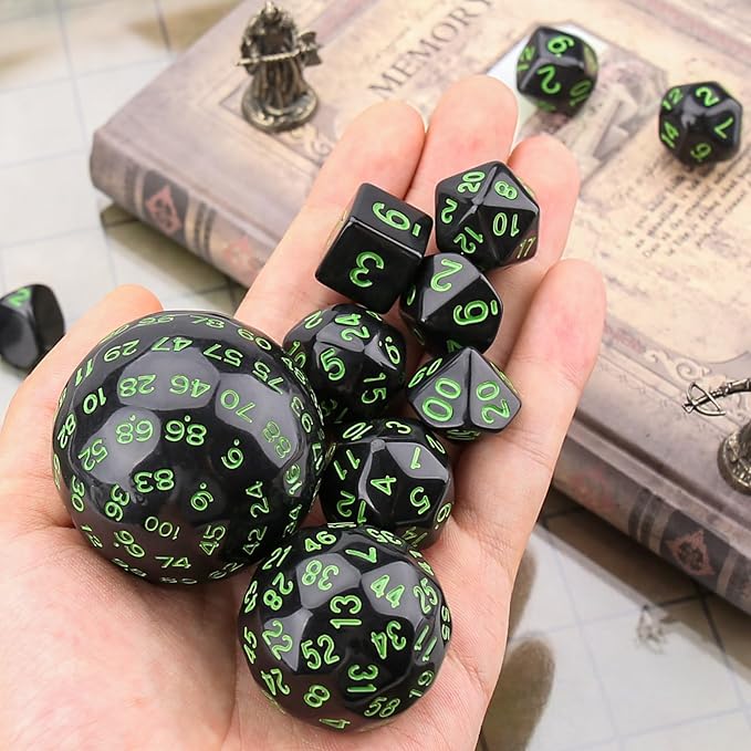 Coyeekn DND Dice 15 Pieces Polyhedral Dice D3-D100 with Dice Bag for Role Playing Table Games (Black & Green)