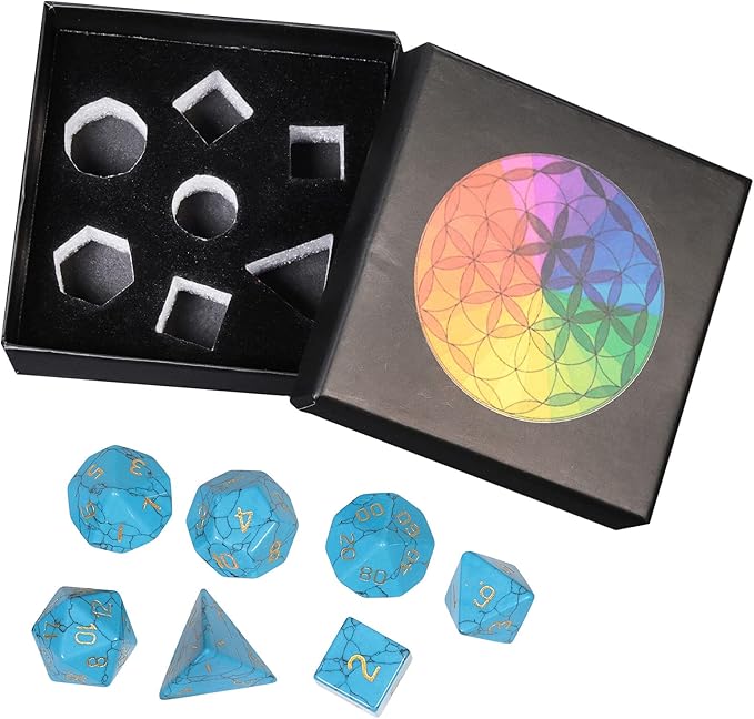TUMBEELLUWA Engraved Crystal Stone Polyhedral Dice Set for RPG MTG Dungeons and Dragons Table Game 7 Pieces DND Board Game Dices with Pouch, Blue Howlite Turquoise