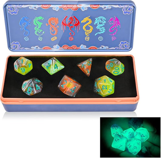DND Dice Set with Dragon Totem Metal Gife Case, Dungeons and Dragons Dice Set,Polyhedral Dice Set Filled with Shiny Glitters,Role Playing Games and Tabletop Games (Green&Copper Luminous)