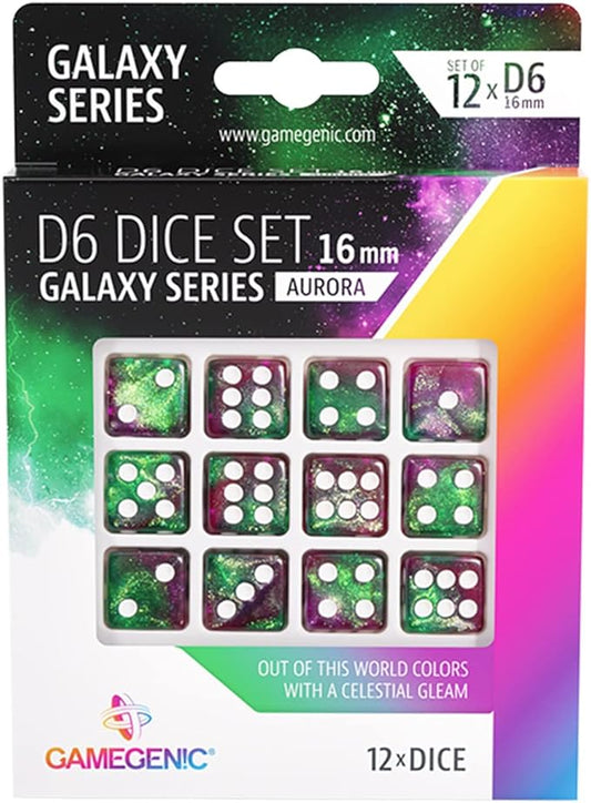 Asmodee Galaxy Series Aurora D6 Dice Set | Set of 12 Six-Sided Dice | Premium Quality Resin Dice for Dice Games, Board Games and Card Games | Cosmic Glittering Design | Green and Purple | Gamegenic