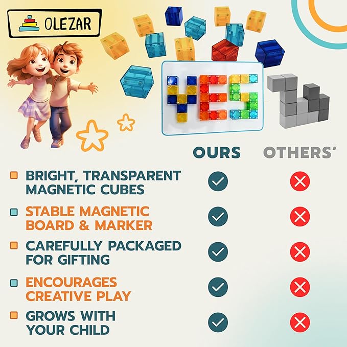 48pcs Magnetic Transparent Blocks, 1inch, 2-in-1 STEM Set with Board, Marker & Book, Educational Building Toy for Kids 3-5, Learning Building Magnet Toys, Magnetic Cubes for Kids Ages 4-8