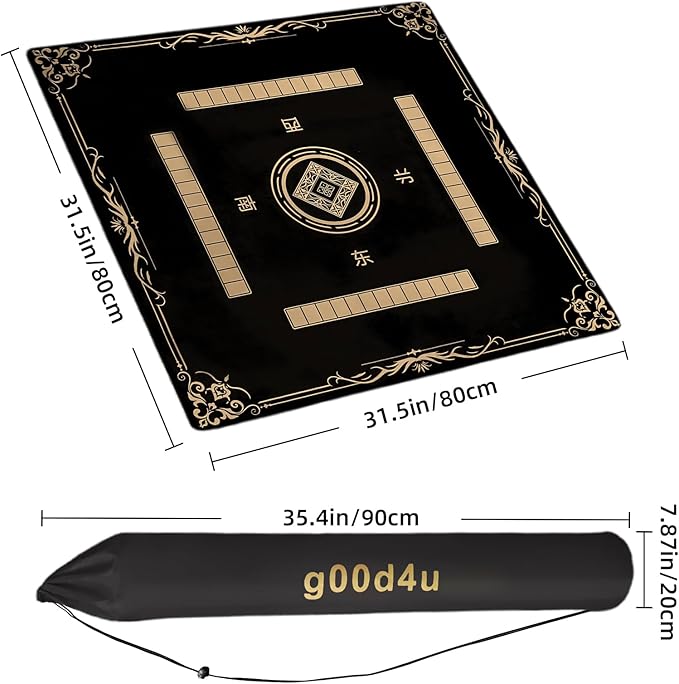 Mahjong Mat (31.4"x31.4"), 3mm Thick Noise Reducing Mahjong Table Mat, Waterproof Surface Mahjong Mat with Drawstring Storage Pouch for 32 Inch+ Mahjong Tables (Black)