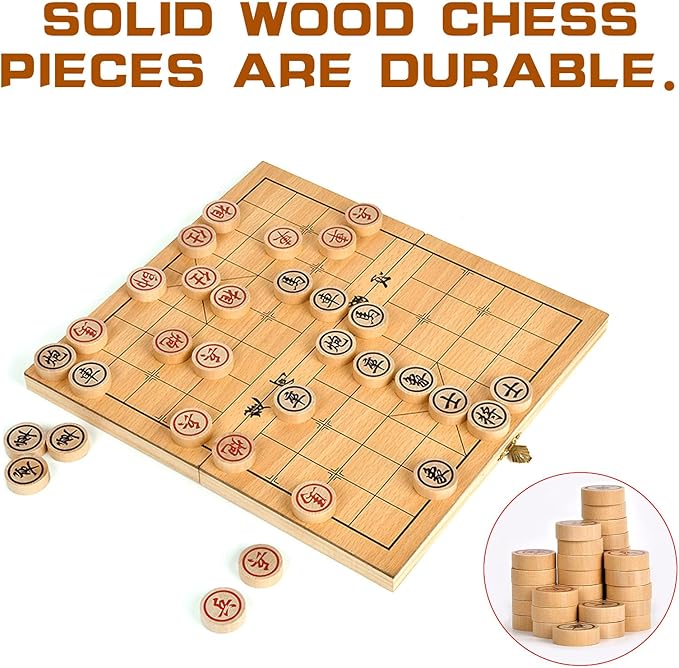 Chinese Chess,11.4 Inch Wooden Foldable Chinese Chess Xiangqi with Wooden Chess Pieces Traditional Classic Educational Strategy Games Travel Folding Board Set for Teens Adults