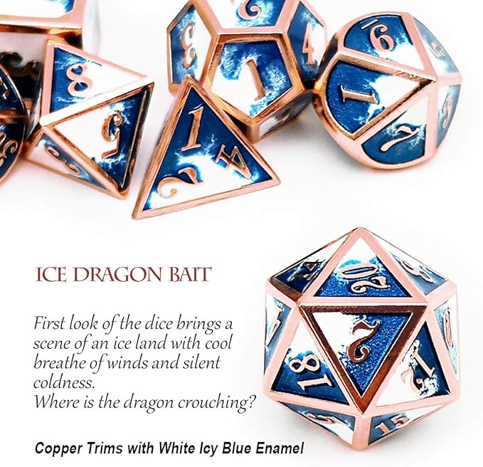 Haxtec Metal DND Dice Set Copper Blue White D&D Dice with Leather Dice Bag for Dungeons and Dragons RPG-Ice Dragon Bait