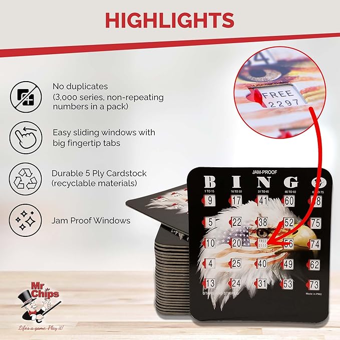 MR CHIPS Jam-Proof Bingo Cards with Sliding Windows, 25 Reusable Shutter Cards, 75 Calling Cards 1 Master Board in Star and Strips Style