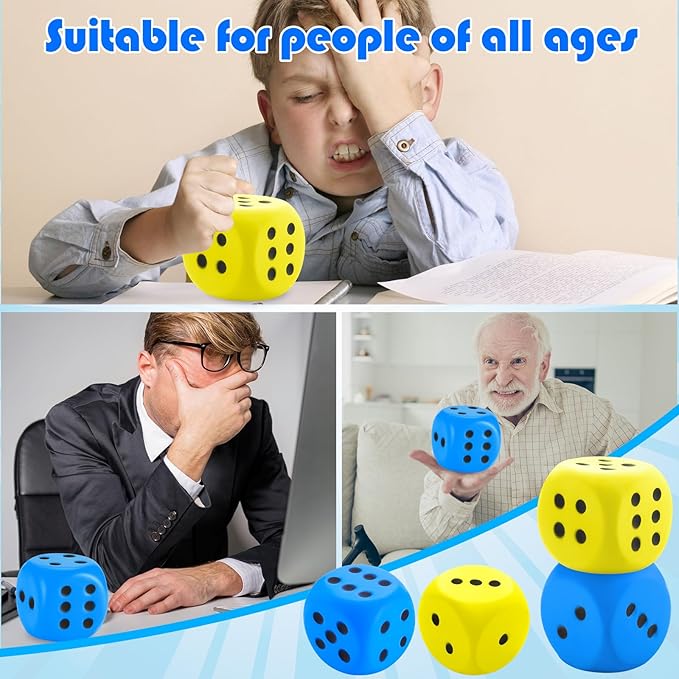 Zomiboo 2 Pcs Large Foam Dice Stress Balls Soft Jumbo 6 Sided Giant Dice Educational Learning Squeeze Anxiety Relieve Toy Gifts for Adults Kids Board Game Classroom(Blue, Yellow,3.93 Inch)
