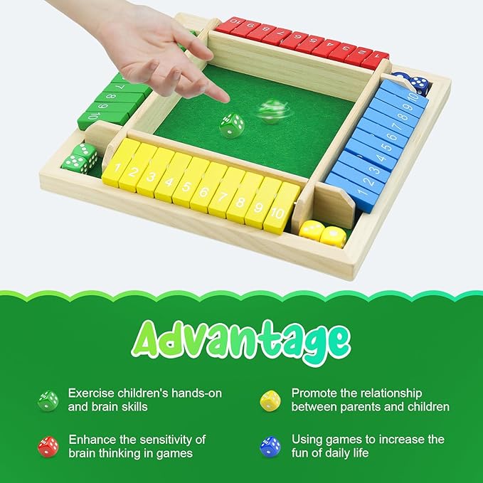 Shut The Box Game, Shut The Box Game Wooden, 2-4 Player Family Wooden Board Table Math Games for Adults and Kids, Board Games, Family Games, 8 Dices Classics Tabletop Games for Classroom, Home, Party