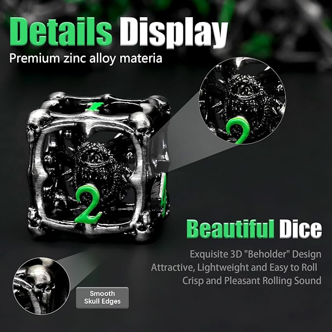 Beholder Dice Set DND, Dragon Eye Dice, ZHOORQI 7PC/Set Polyhedral Dices for Dungeons and Dragons, RPG, Eye Monster D&D Gifts（Eye -Green Number）