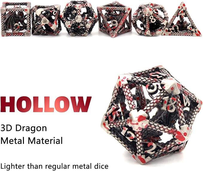 D&D Dice, Dungeons and Dragons Dice HNCCESG Metal Dice Set Polyhedral Hollow Role Playing for RPG MTG Table Board Games (Dragon Silver Blood Spot)